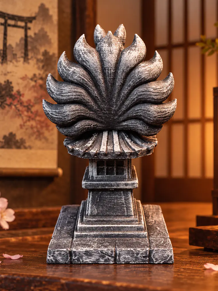 Kitsune del Santuario – Zorro de Nueve Colas sobre Tōrō Japonés 12 cm | Piedra Envejecida 5