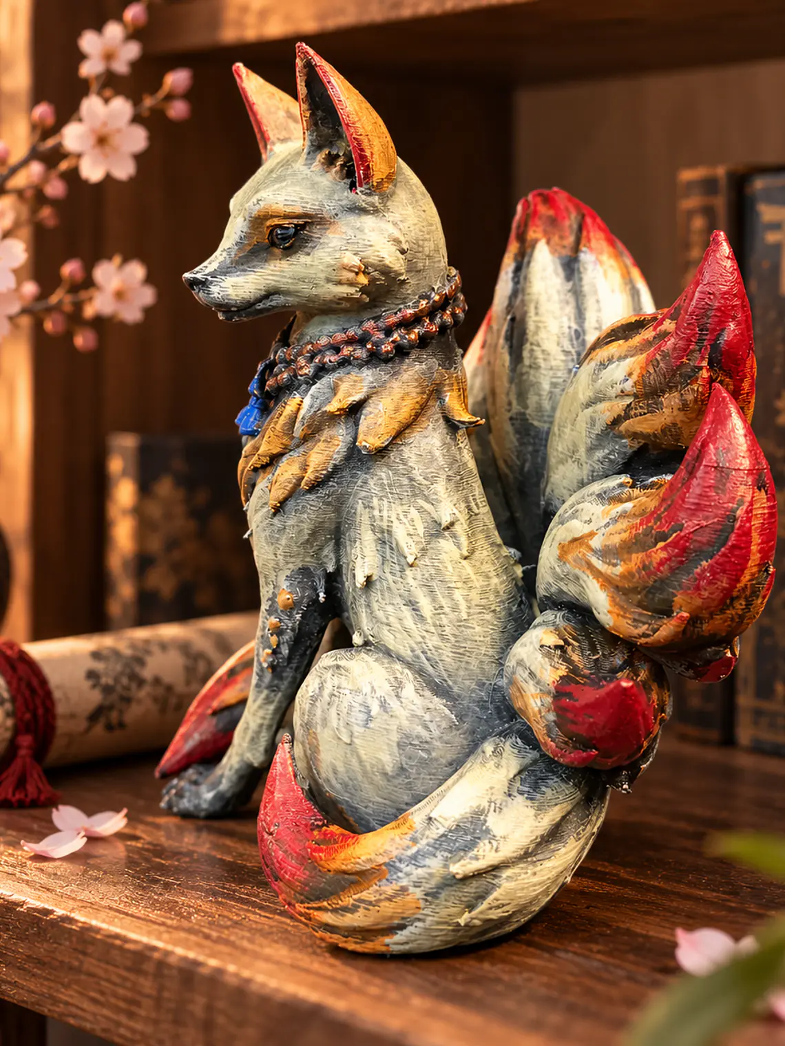 Figura Kitsune de Nueve Colas – Zorro Místico Japonés 12 cm | Policromía Envejecida 5