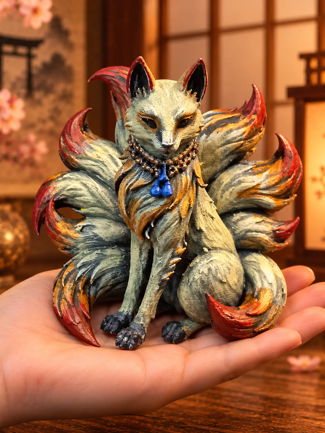 Figura Kitsune de Nueve Colas – Zorro Místico Japonés 12 cm | Policromía Envejecida 2