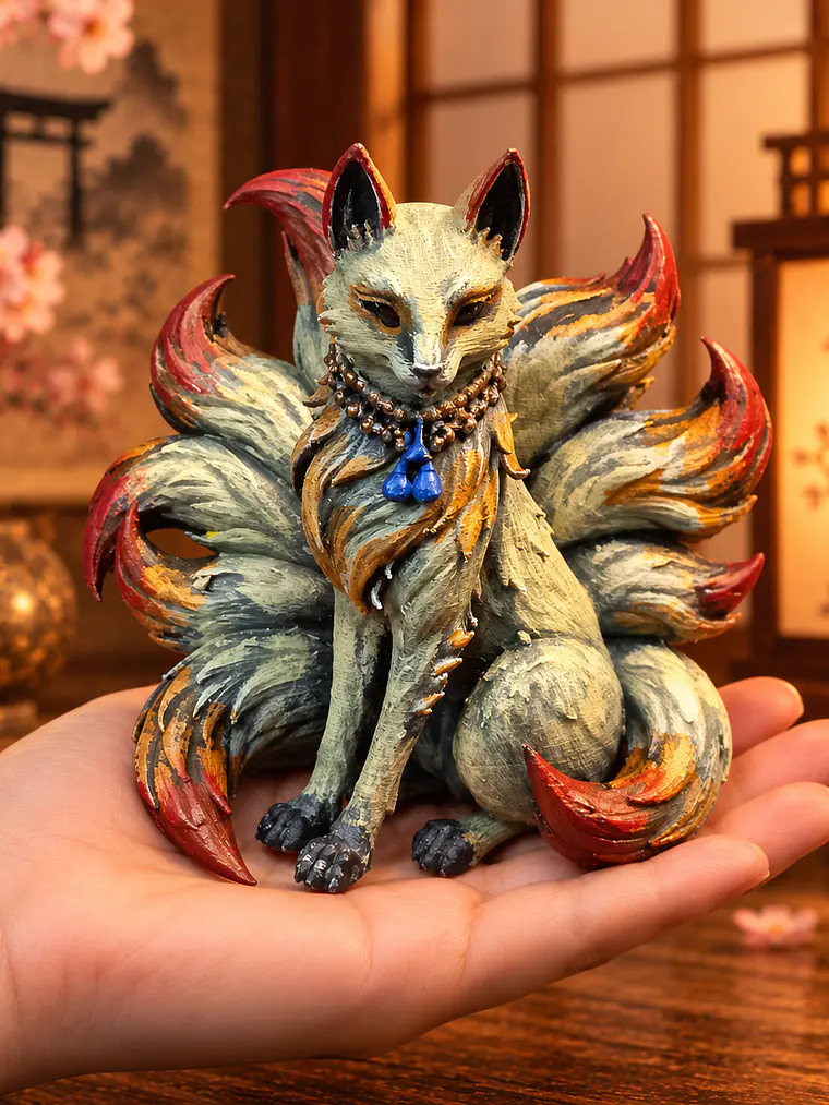Figura Kitsune de Nueve Colas – Zorro Místico Japonés 12 cm | Policromía Envejecida 2