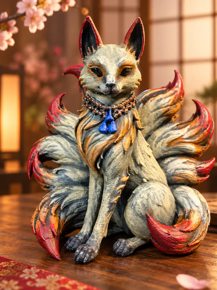 Figura Kitsune de Nueve Colas – Zorro Místico Japonés 12 cm | Policromía Envejecida 1