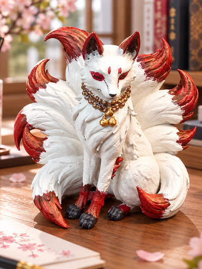 Figura Kitsune de las Nueve Llamas – Zorro Japonés de Nueve Colas 12 cm | Blanco y Rojo