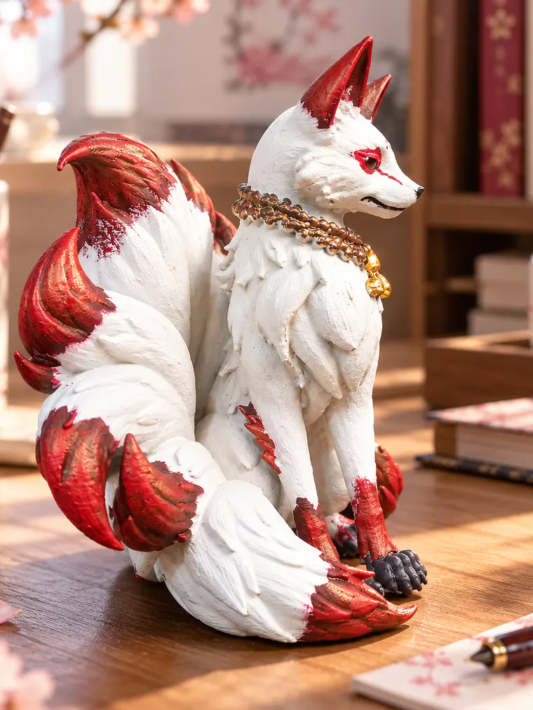 Figura Kitsune de las Nueve Llamas – Zorro Japonés de Nueve Colas 12 cm | Blanco y Rojo 3