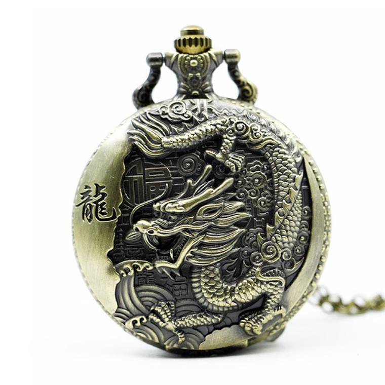 Reloj Bolsillo Cadena Cuarzo Dragon Bronce 1039 1