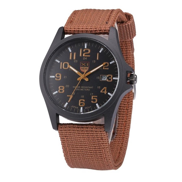 Reloj Analogo Militar Acero Manilla Algodon Cafe 1