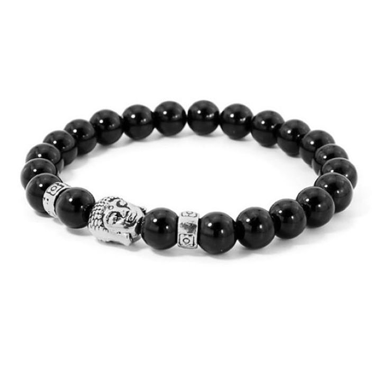 Manilla Piedra Lava Negro Dije Cabeza Buda Plata 1