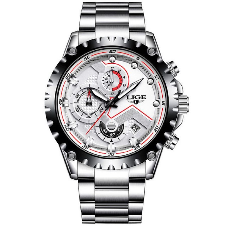 Reloj Hombre LIGE 9821 Cronografo 3Bar Pulso Acero Blanco 1