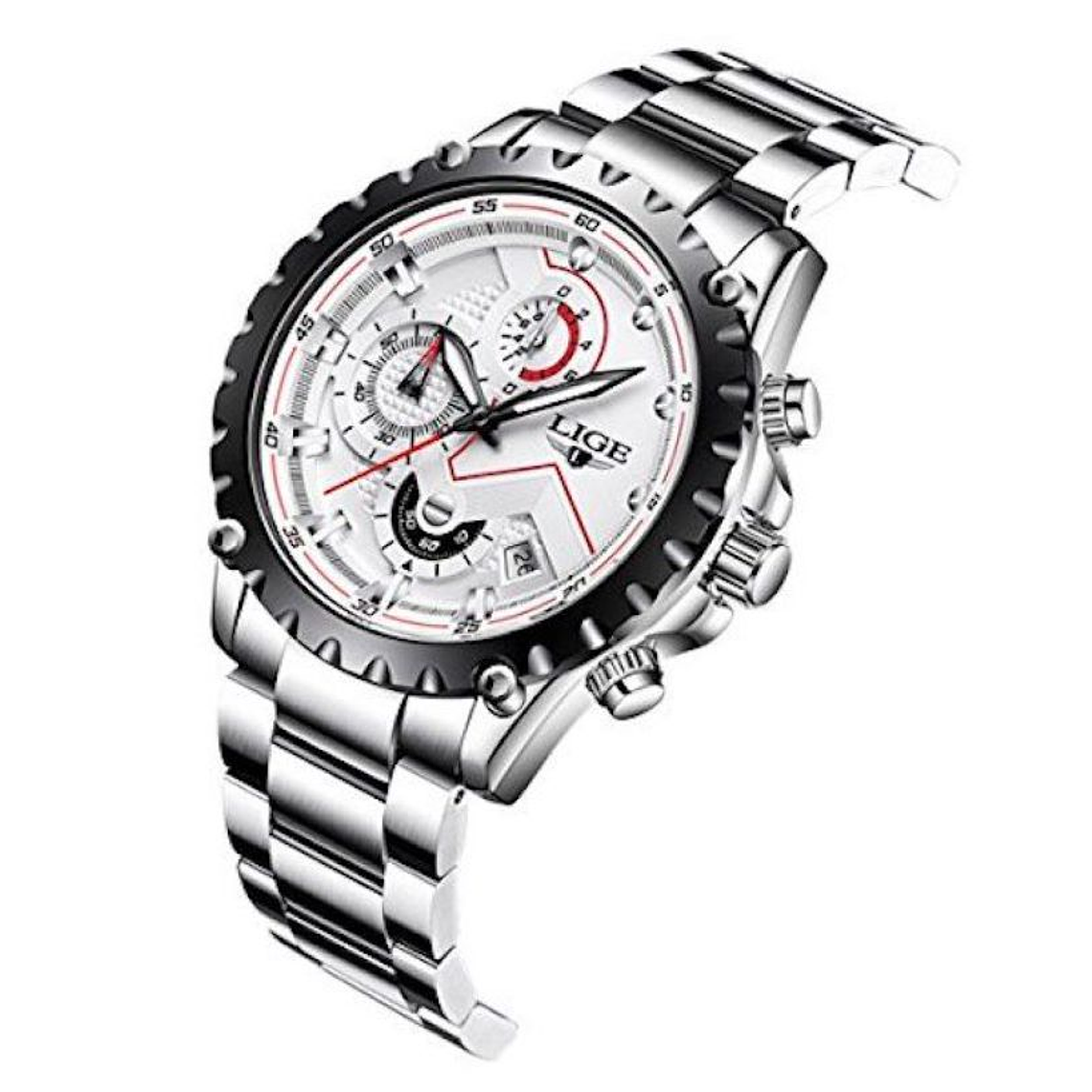 Reloj Hombre LIGE 9821 Cronografo 3Bar Pulso Acero Blanco 2