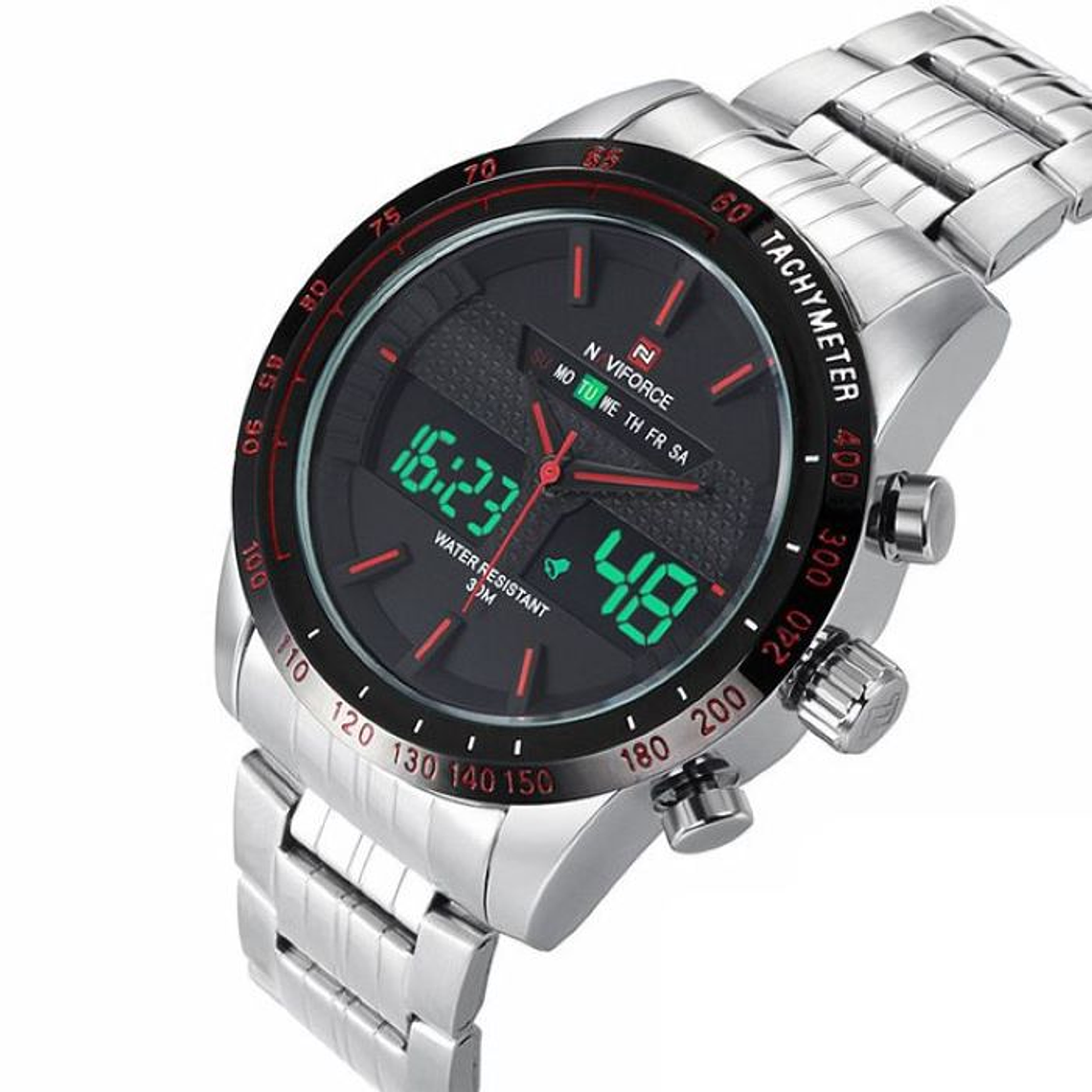 Reloj Hombre NAVIFORCE Análogo Digital Acero Inoxidable NF9024M Plateado Rojo 3