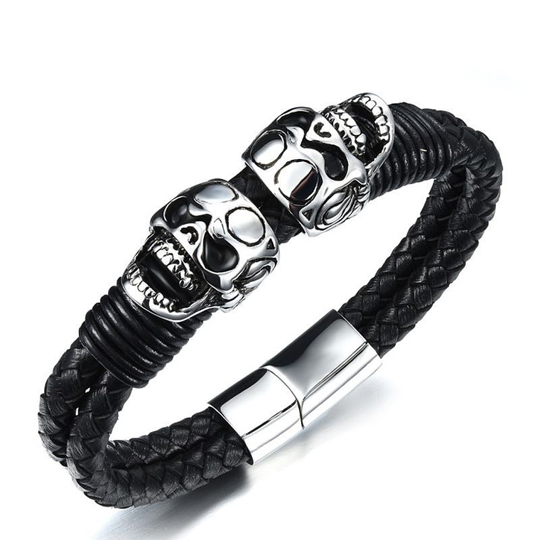Manilla Cuero Acero Trenzado Doble Skull Punk MPH1055 Negro 1