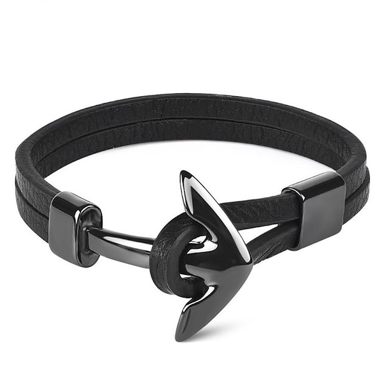 Manilla En Cuero Ancla Acero Inoxidable Hombre MPH1099 Negro 21cm 1