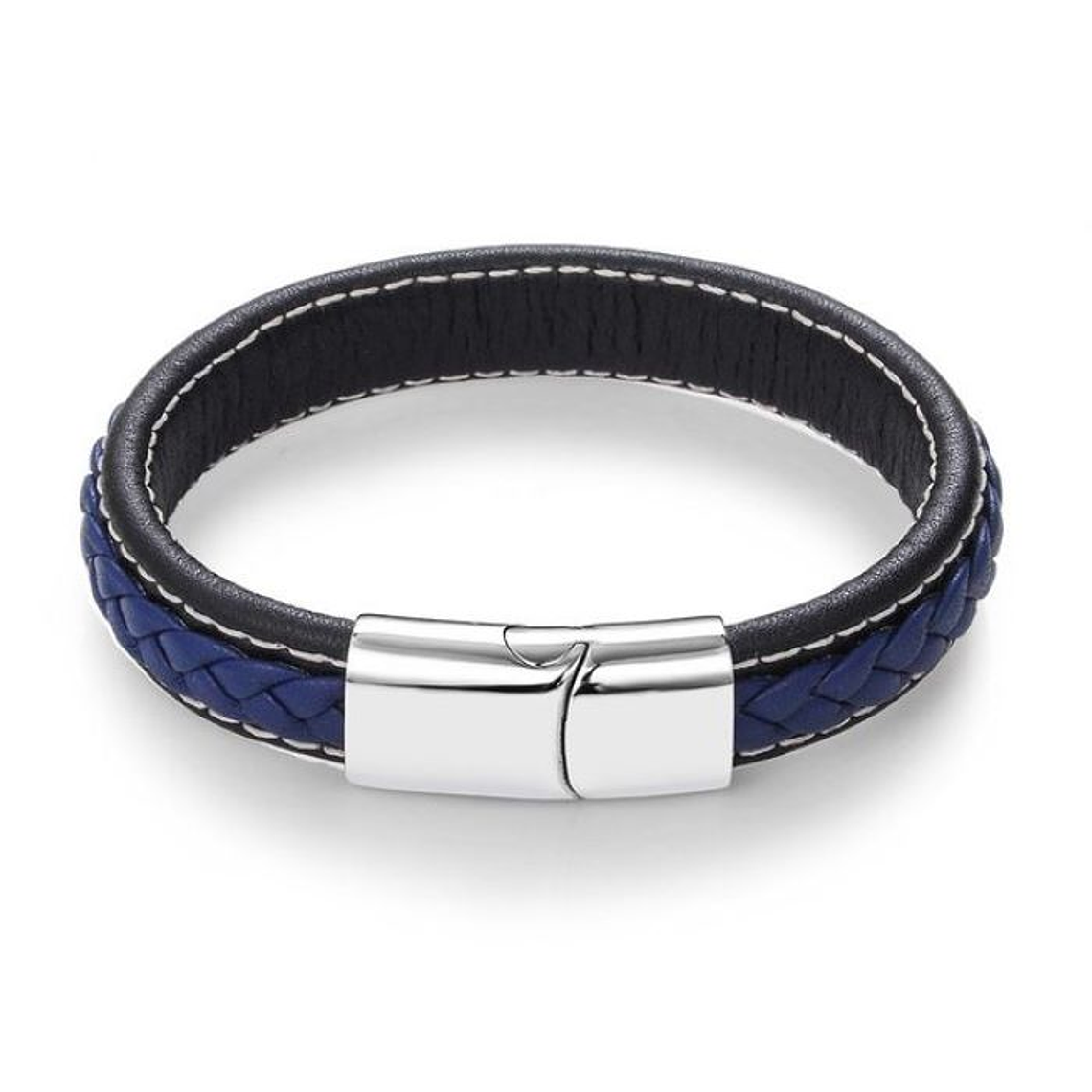 Manilla Cuero Semi Trenzada Broche Magnetico Azul Plata BJ 1