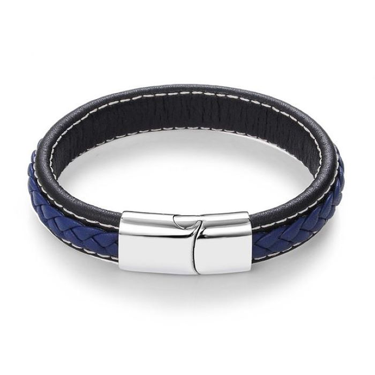 Manilla Cuero Semi Trenzada Broche Magnetico Azul Plata BJ 1