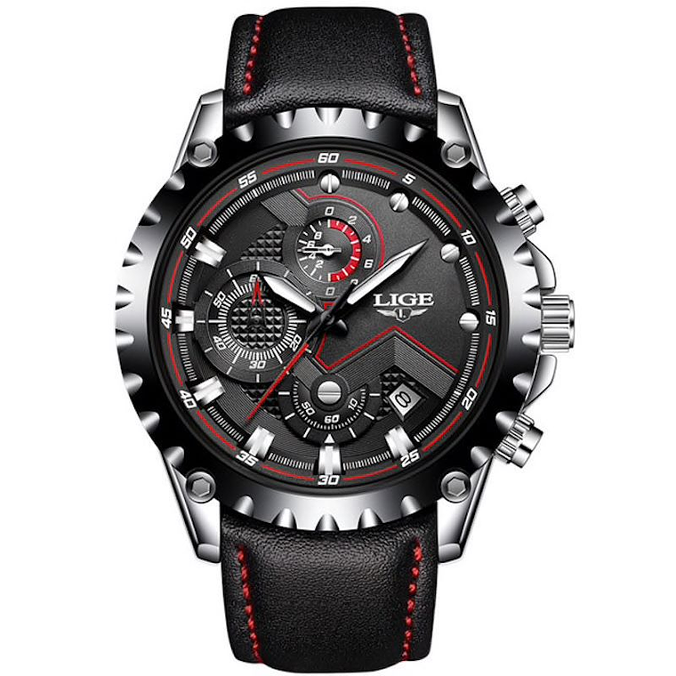 Reloj Hombre LIGE 9821 Cronografo 3Bar Pulso Cuero Negro 1
