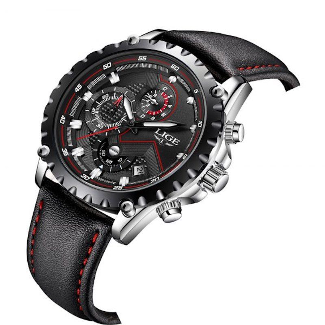 Reloj Hombre LIGE 9821 Cronografo 3Bar Pulso Cuero Negro 2