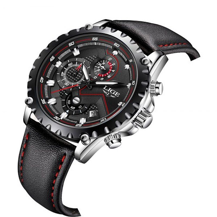 Reloj Hombre LIGE 9821 Cronografo 3Bar Pulso Cuero Negro 2