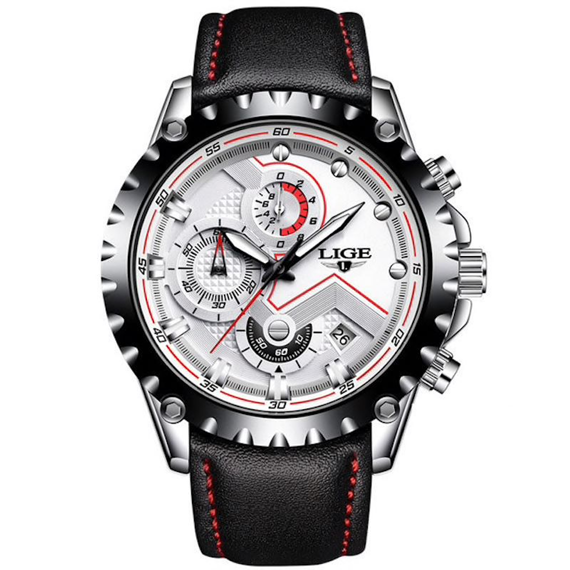 Reloj Hombre LIGE 9821 Cronografo 3Bar Pulso Cuero Blanco 1