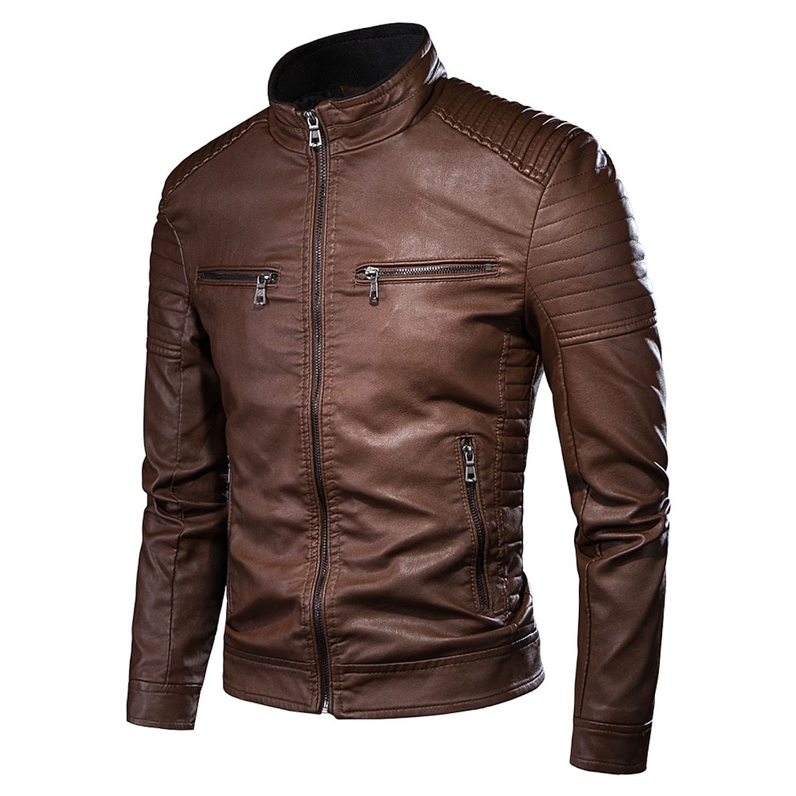 Chaqueta Hombre Cuero PU Cremallera Tipo Motociclista 903 Cafe 1
