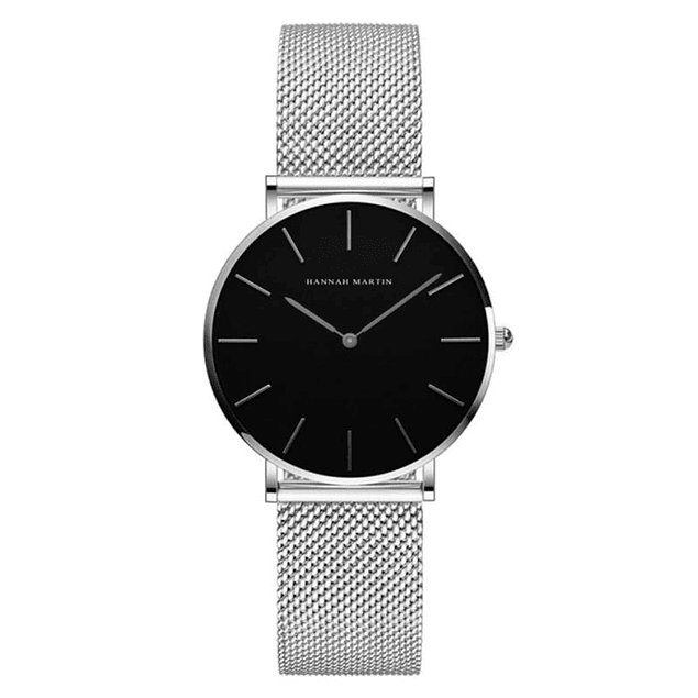 Reloj Mujer Lujo Marca Acero Inoxidable HANNAH MARTIN 3690 Plateado Negro