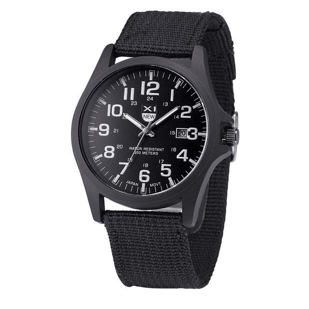 Reloj Analogo Militar Acero Manilla Algodon Negro