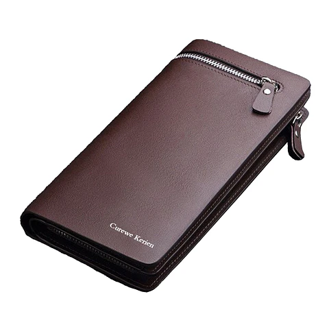Billetera Hombre Plegable Larga Cuero PU Con Cierre 13036 Cafe