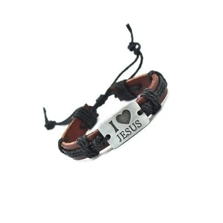 Manilla Cuero Diseño Yo Amo A Jesus Color Marrón Negro 1