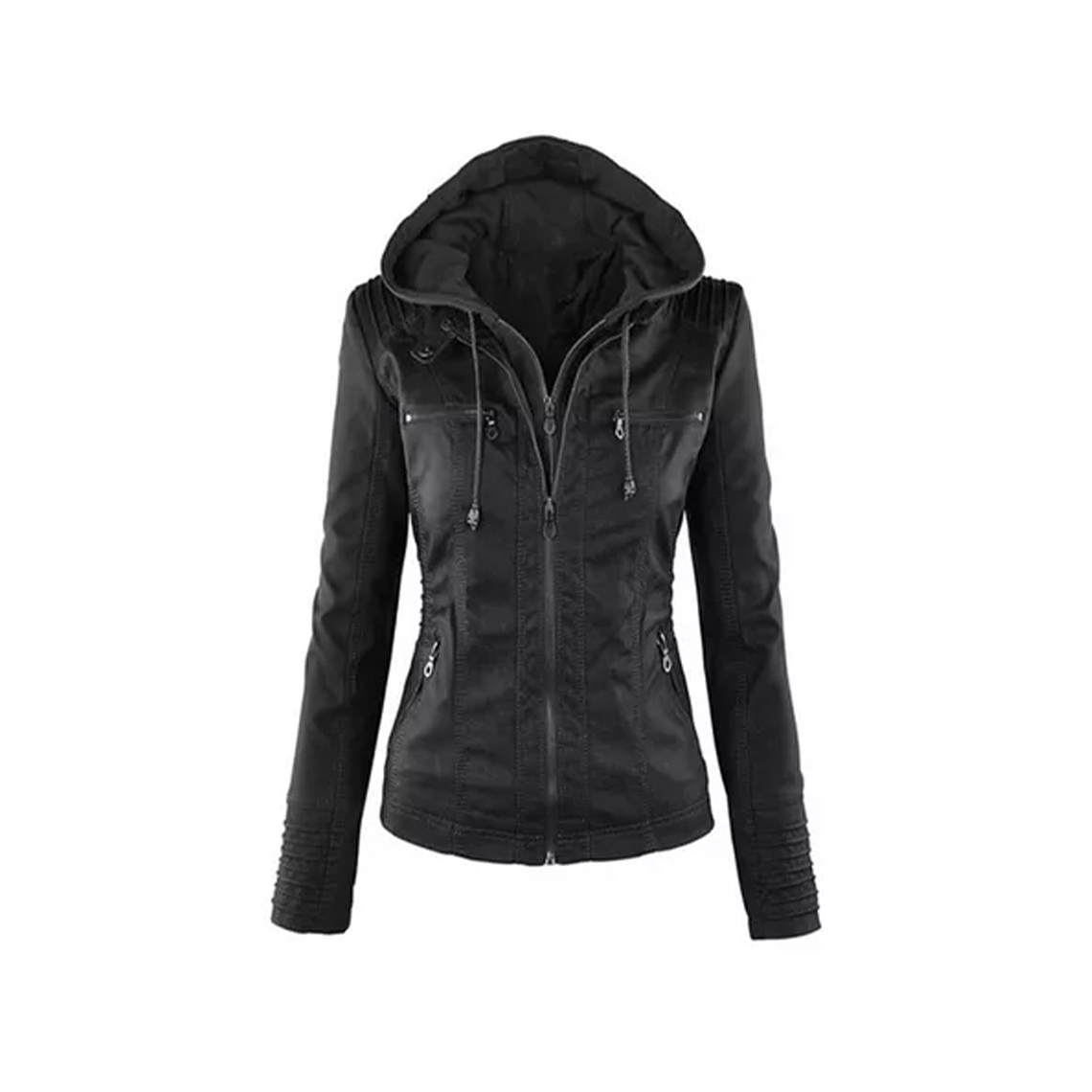 Chaqueta Mujer Cuero PU Gruesa Capota Motocicleta 2287 Negro 1