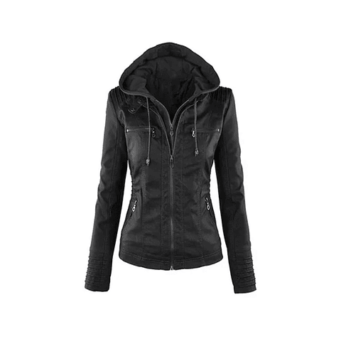 Chaqueta Mujer Cuero PU Gruesa Capota Motocicleta 2287 Negro