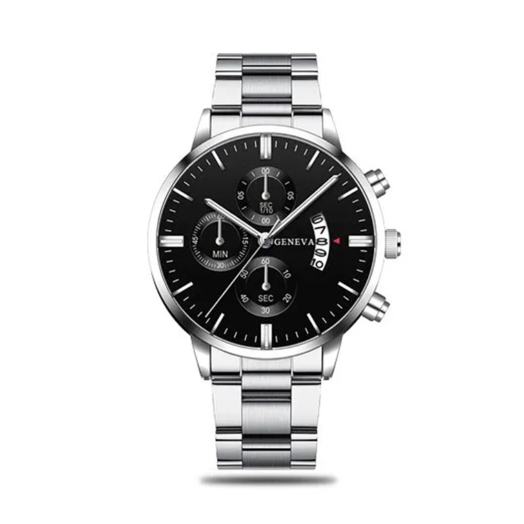 Reloj Hombre Pulsera Lujo Quarzo Acero Inoxidable S6982 Plateado Negro 1