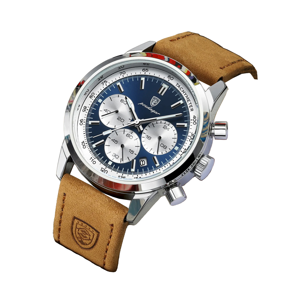 Reloj Hombre Pulsera Cuero Cronógrafo Impermeable 921 Plateado Azul 3