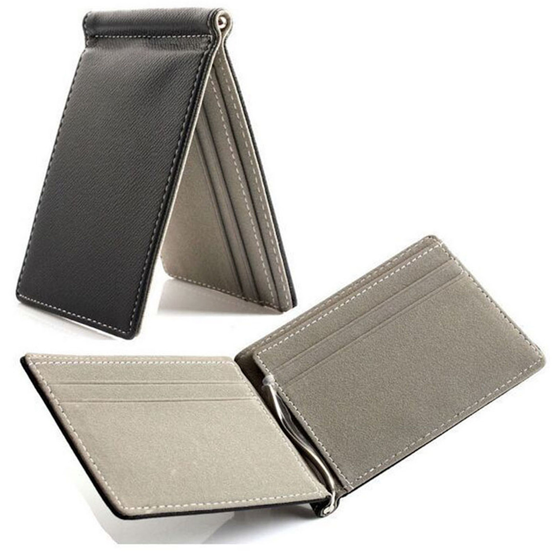 Billetera Clip Hombre Cuero Sintetico Negro Gris 2