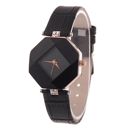 Reloj Mujer Analogico Cristal Geometrico Cuero PU 224 Negro