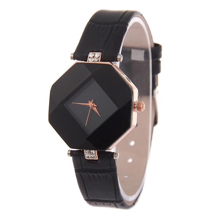 Reloj Mujer Analogico Cristal Geometrico Cuero PU 224 Negro 1