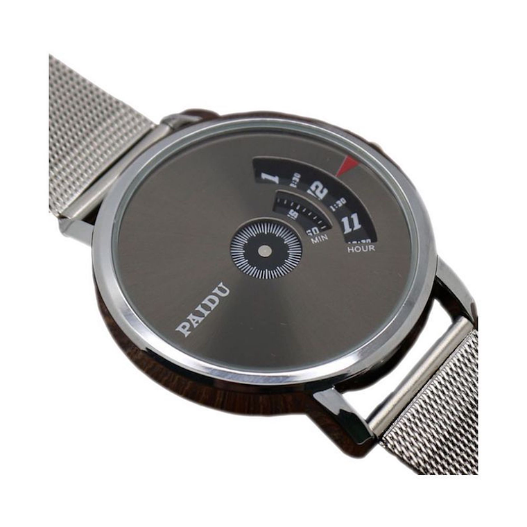 Reloj Cuarzo Dial Giratorio Malla Acero W070301-2 Negro Plateado 2