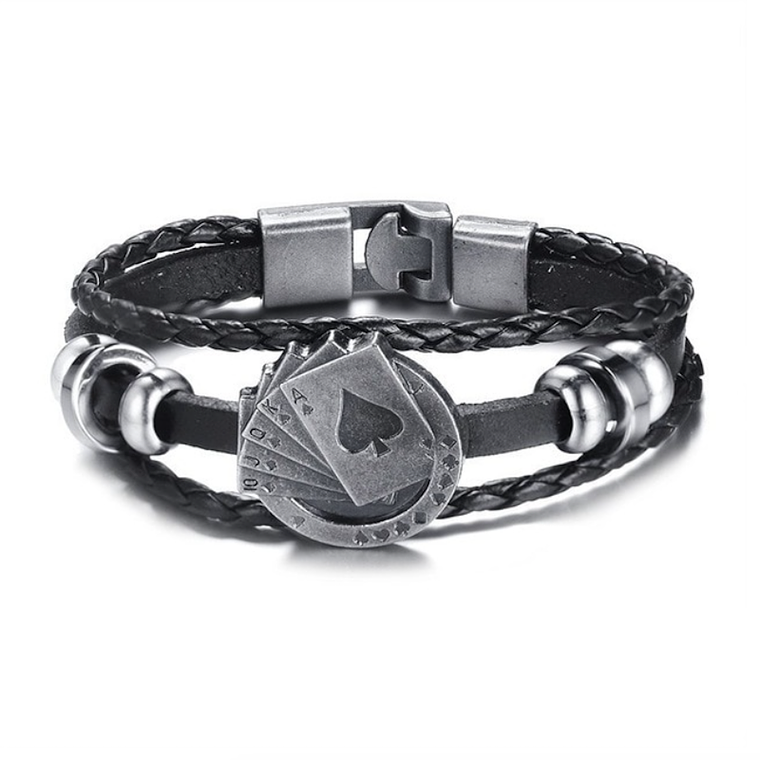 Manilla Pulsera Vintage Cuero Multicapa Trenzada Poker 1