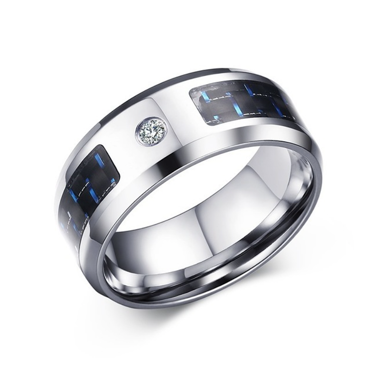 Anillo 8mm Fibra Carbono Grabado Acero Inoxidable CZ 1