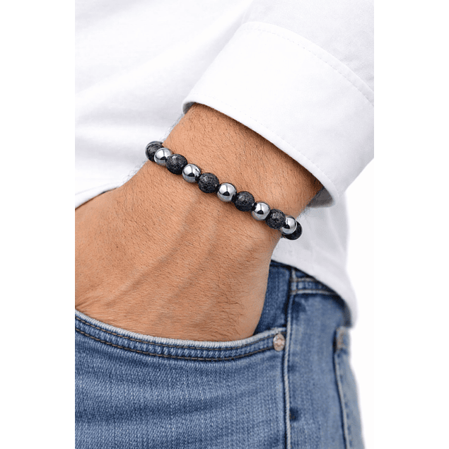 Manilla Pulsera Hombre Acerina Roca Lava Volcanica Negro 8mm