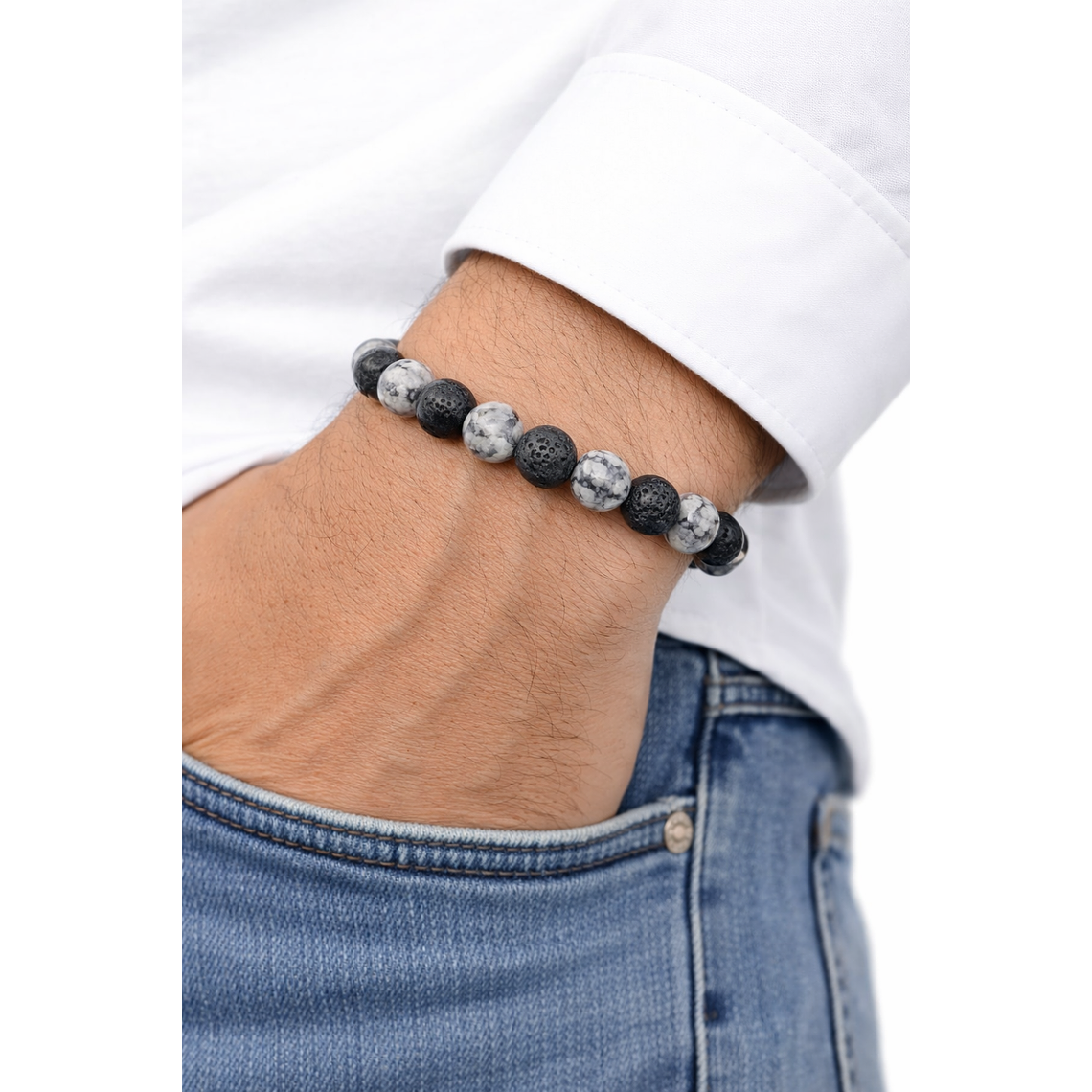 Manilla Pulsera Hombre Jaspe Gris Roca Volcanica 8mm 2