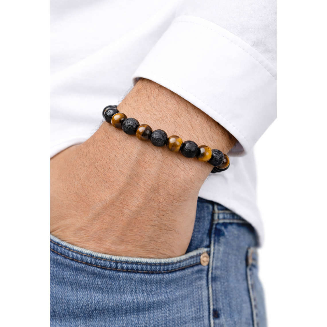Manilla Pulsera Hombre Ojo Tigre Piedra Lava 8mm 2
