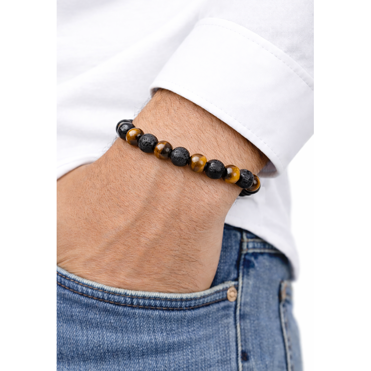 Manilla Pulsera Hombre Ojo Tigre Piedra Lava 8mm 2
