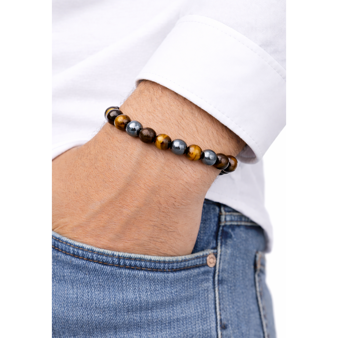 Manilla Pulsera Hombre Ojo Tigre Acerina 8mm 2