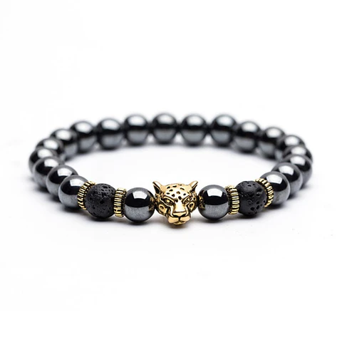 Pulsera Manilla Hombre Piedra Natural Hematita Dije Dorado