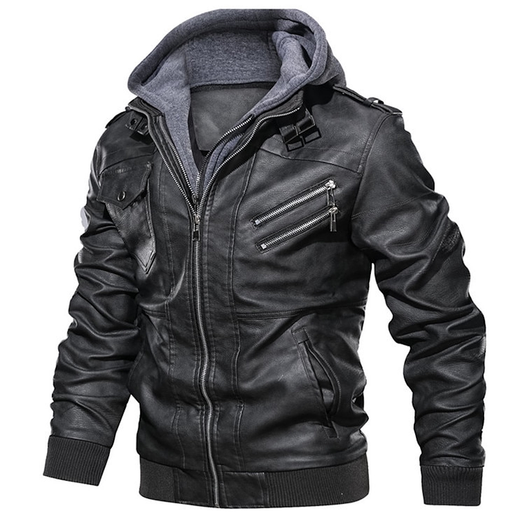 Chaqueta Cuero PU Hombres Casual Motociclista SA722 Negro 1