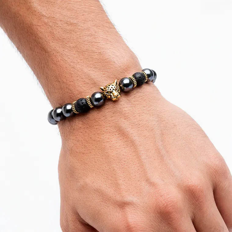 Pulsera Manilla Hombre Piedra Natural Hematita Dije Dorado 2