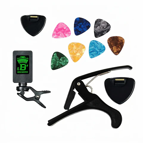 Kit Guitarra Capo Plumillas Puas Plectro Afinador Digital