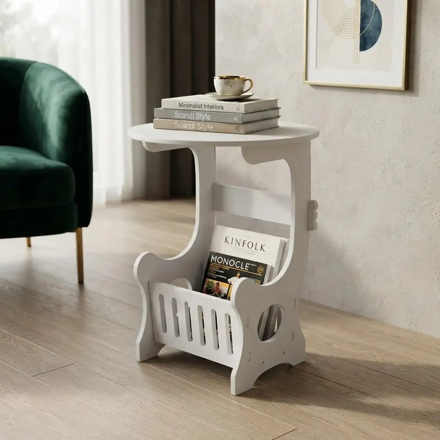 Mesa Auxiliar Redonda De Madera Con Revistero Y Organizador Blanco 3