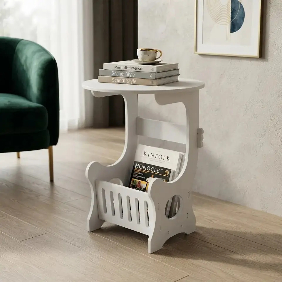 Mesa Auxiliar Redonda De Madera Con Revistero Y Organizador Blanco 3