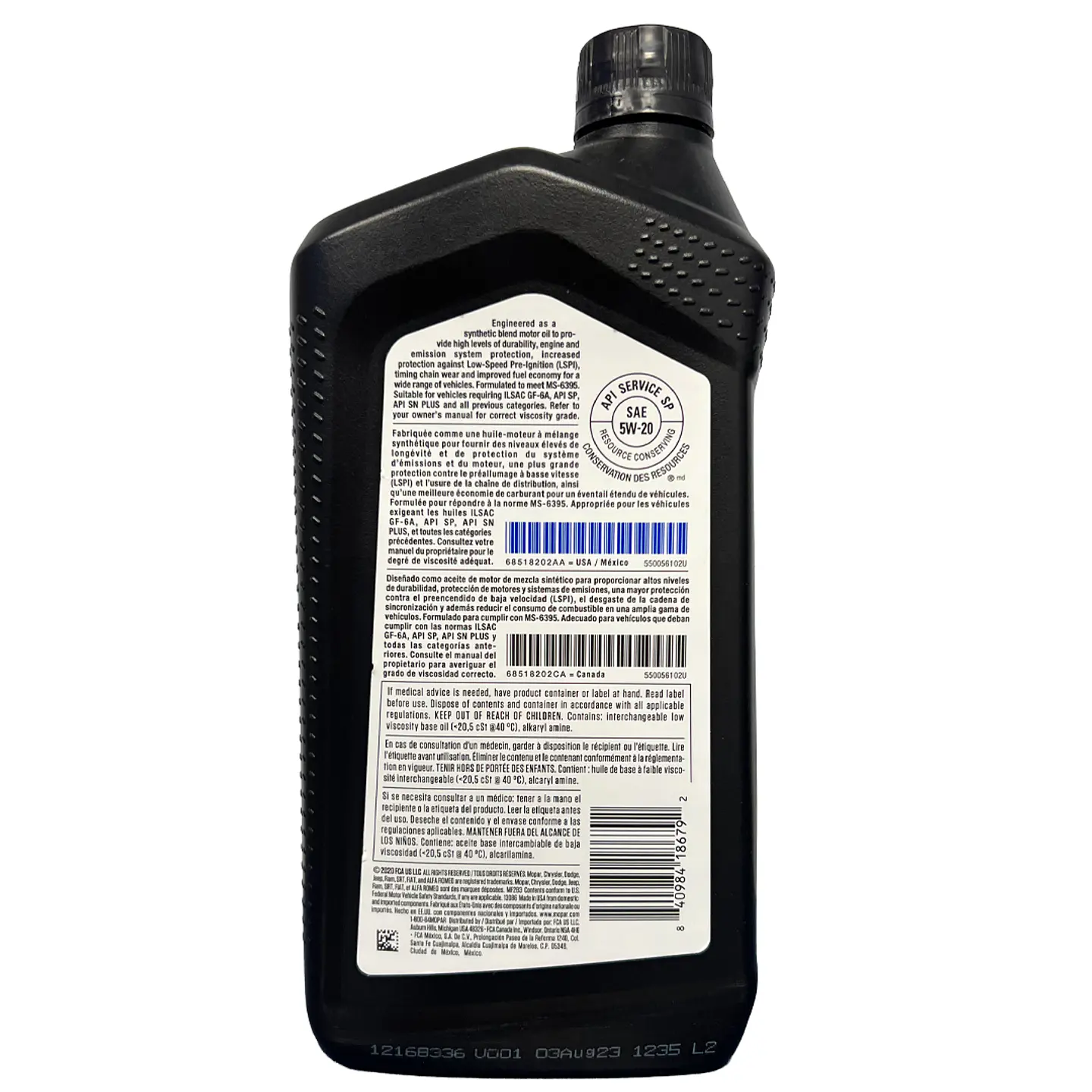 Aceite Motor 5w20 Mopar / Dodge / Jeep Bidón 946 Ml 2