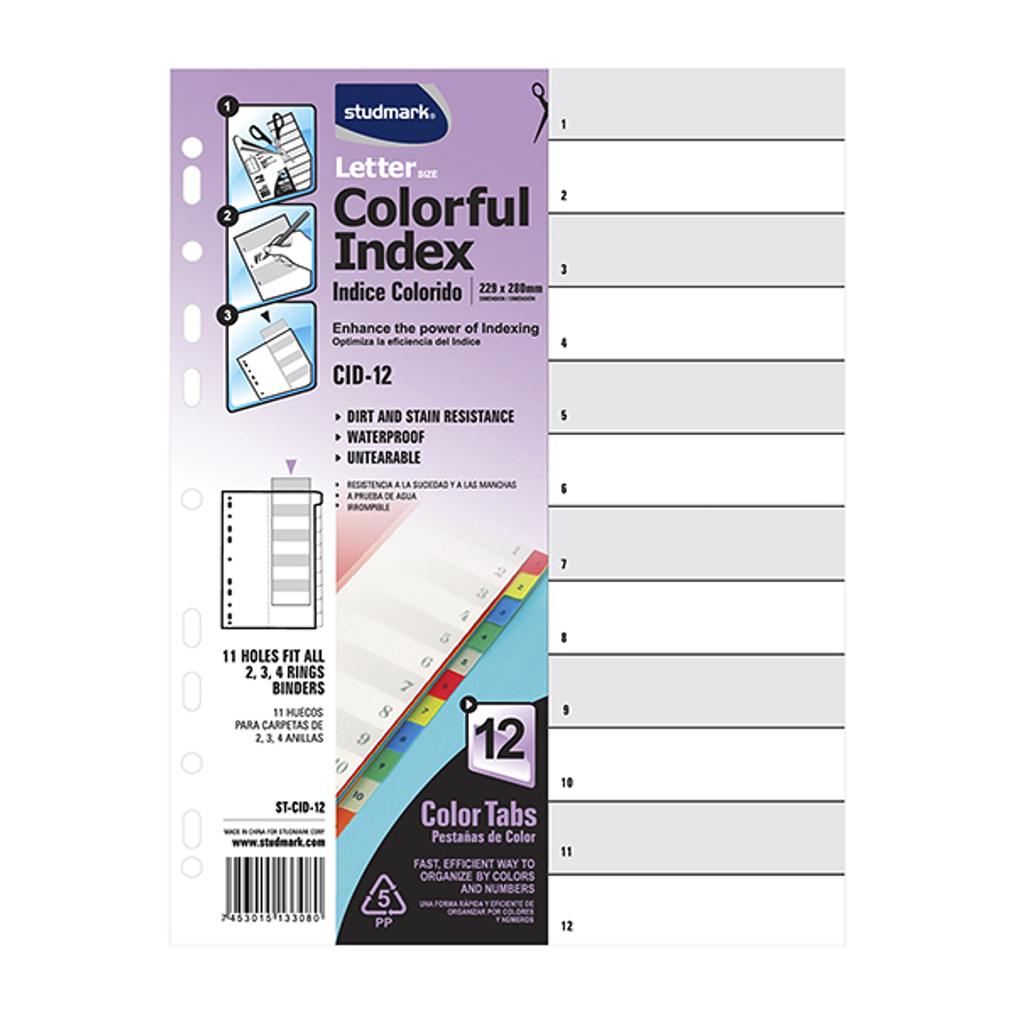 Índice colorido Studmark, Carta, 12 divisiones con bolsillo frontal 1
