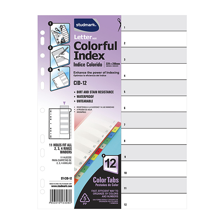 Índice colorido Studmark, Carta, 12 divisiones con bolsillo frontal 1